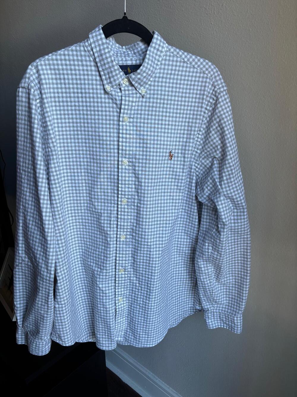Polo Ralph Lauren Men's XL Slim Fit Gray White Gingham Button Down Shirt